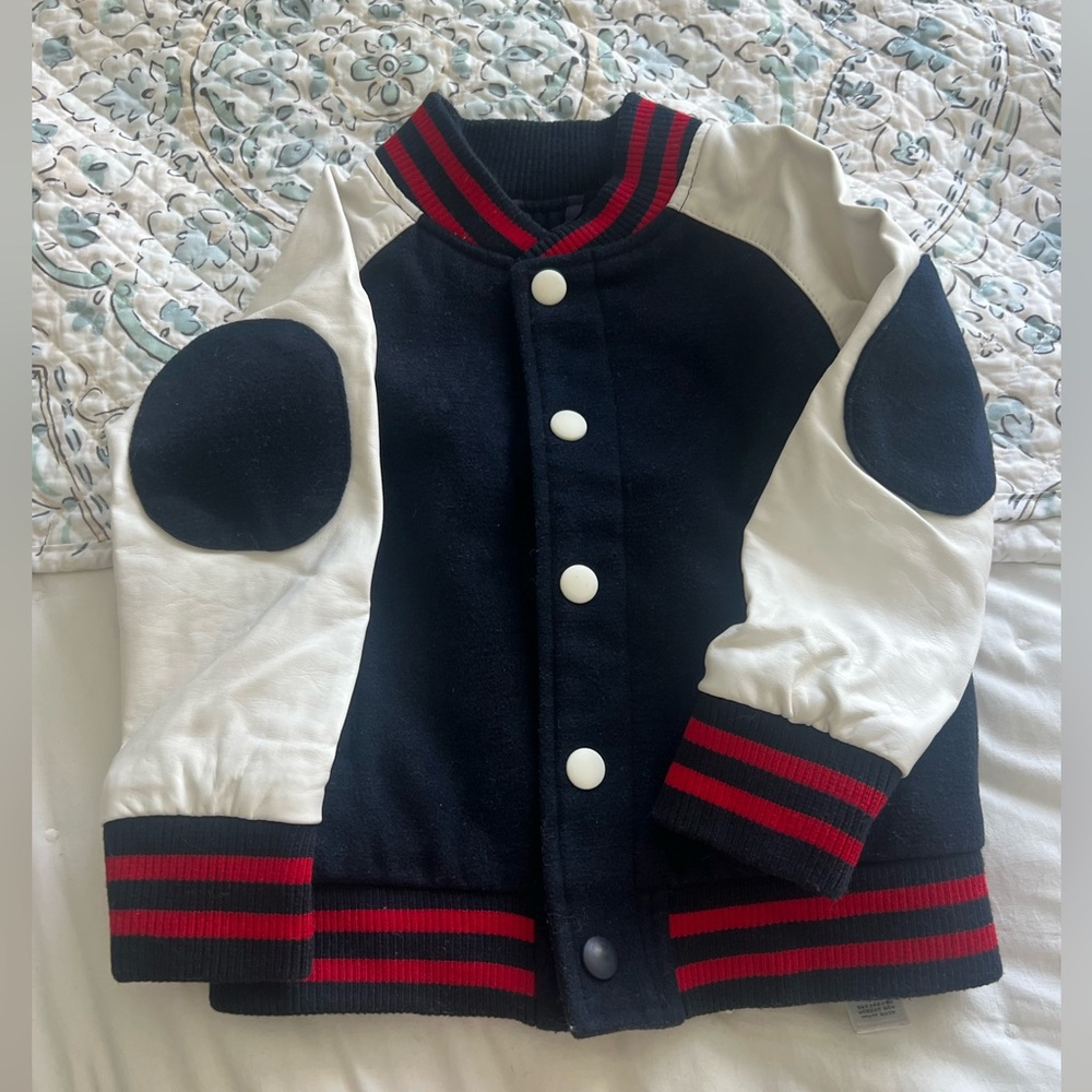 Navy and White Varsity Jacket with Red Accents